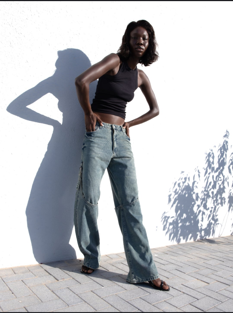 DENIM WIDE LEG PANTS WITH BUCKLE WASHED EFFECT